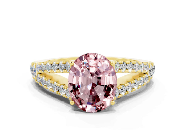 Yellow gold Oval Cut Morganite Split Shank Pavé Engagement Ring with Four-Prong Setting
