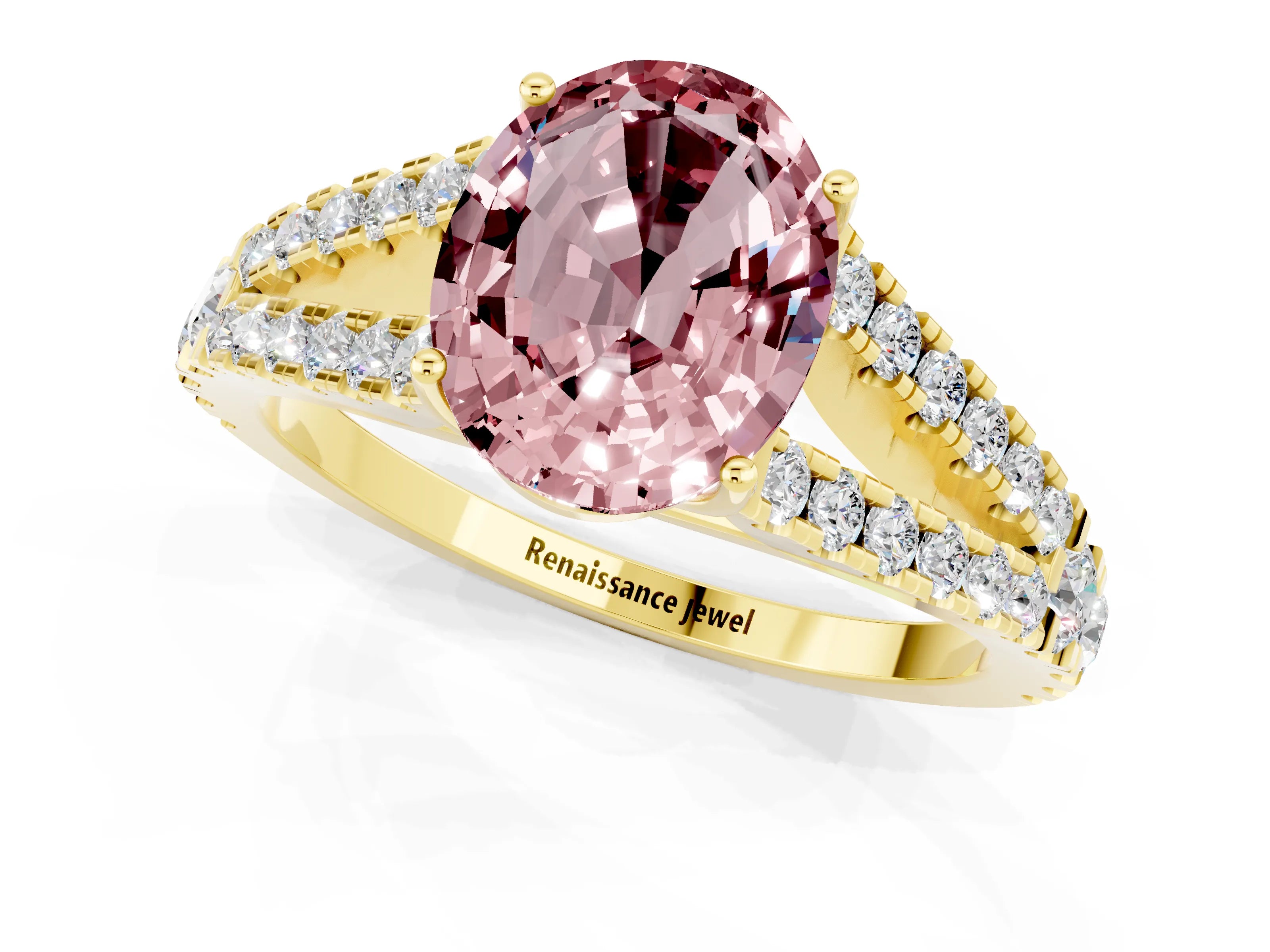 Yellow gold Oval Cut Morganite Split Shank Pavé Engagement Ring with Four-Prong Setting_34