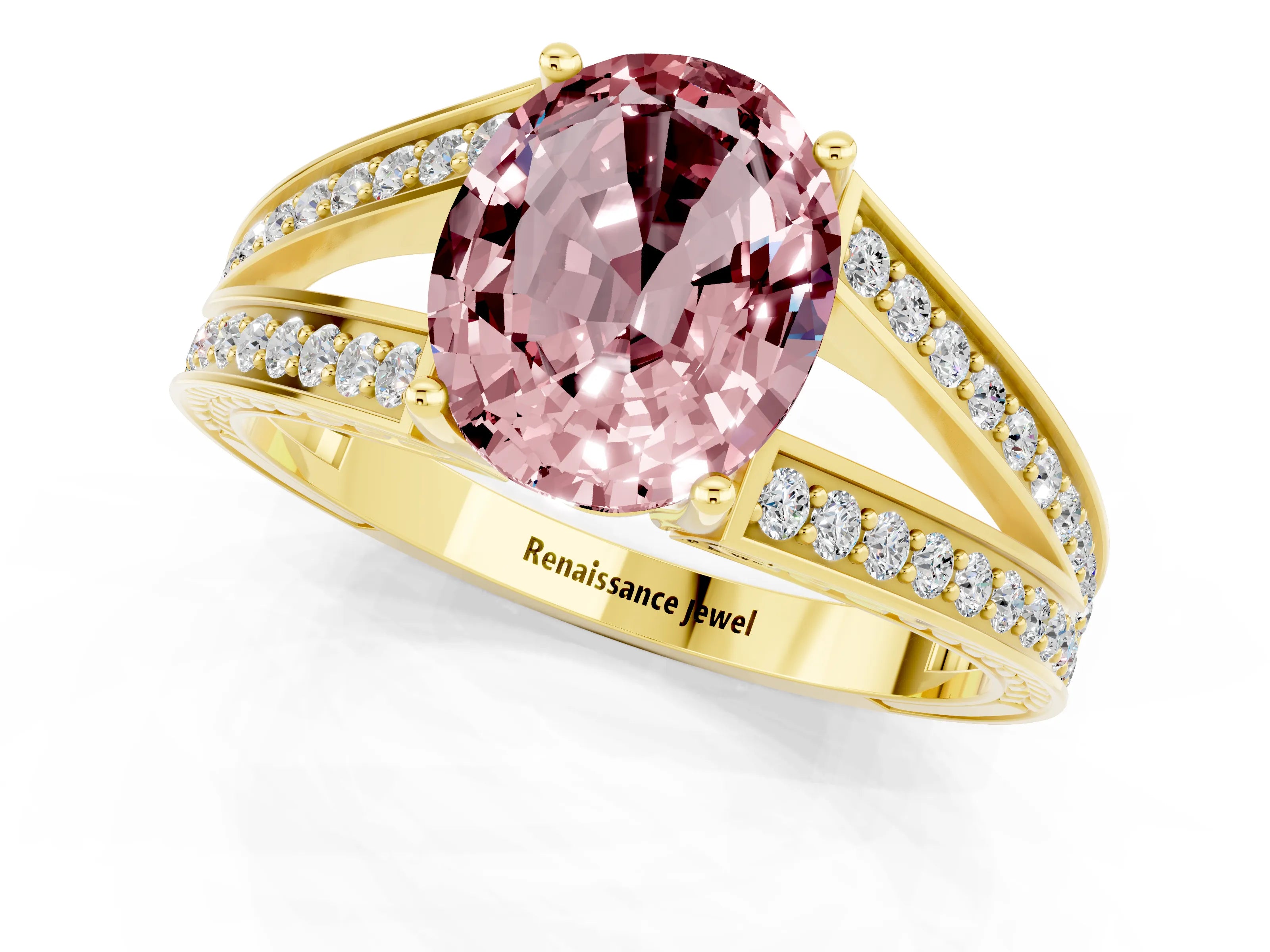 Yellow gold Oval Cut Morganite Split Shank Ring with Pavé Band and Four-Prong Setting_1