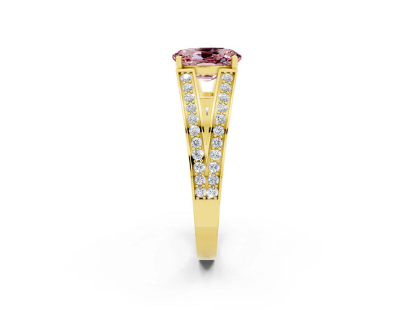 Yellow gold Oval Cut Morganite Split Shank Ring with Pavé Band and Four-Prong Setting
