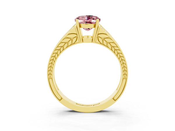 Yellow gold Oval Cut Morganite Split Shank Ring with Pavé Band and Four-Prong Setting