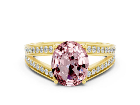 Yellow gold Oval Cut Morganite Split Shank Ring with Pavé Band and Four-Prong Setting
