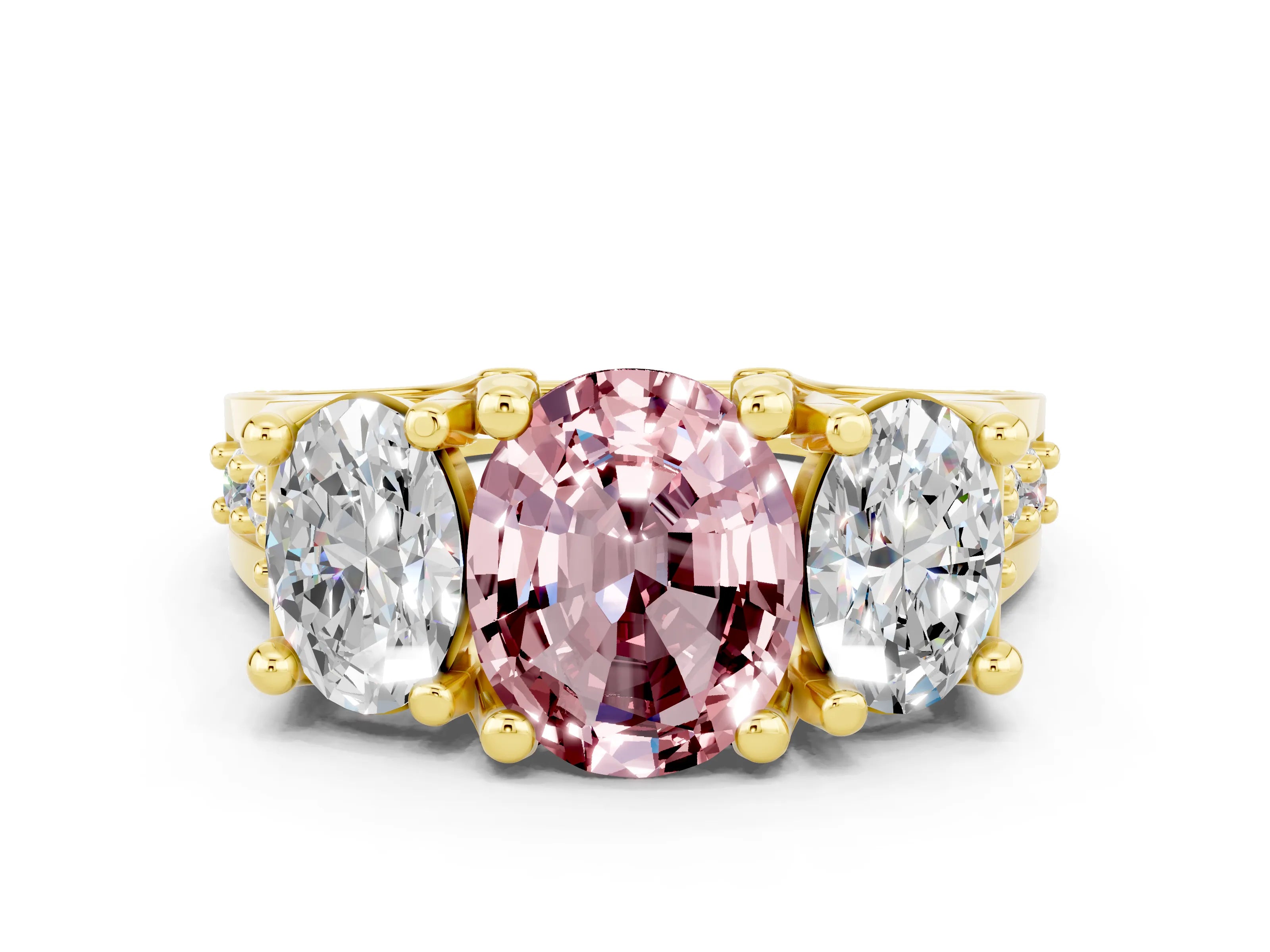 Yellow gold Oval Cut Morganite Three-Stone Ring with Channel Set Band and Four-Prong Setting