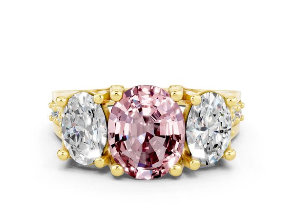 Yellow gold Oval Cut Morganite Three-Stone Ring with Channel Set Band and Four-Prong Setting
