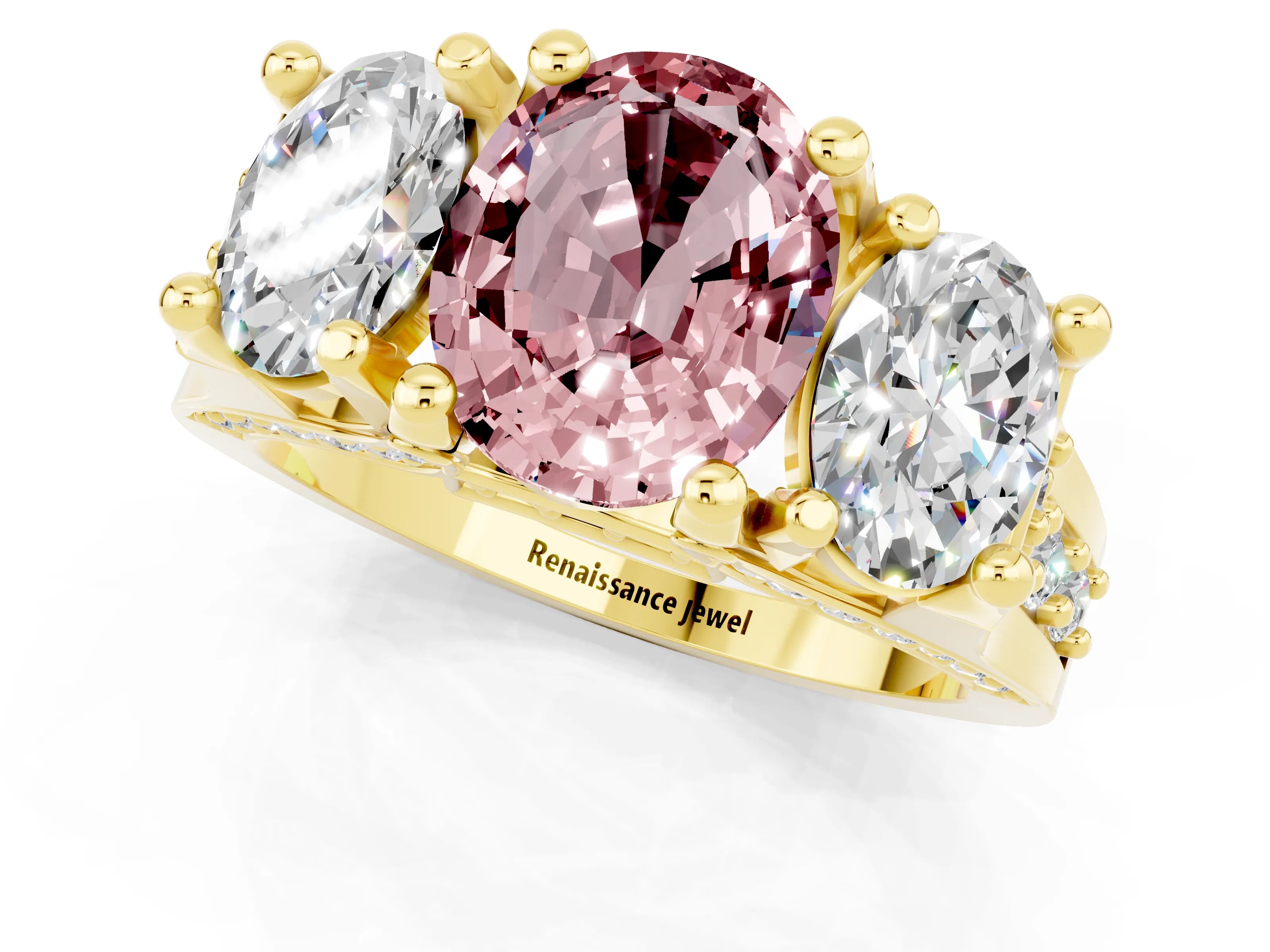 Yellow gold Oval Cut Morganite Three-Stone Ring with Channel Set Band and Four-Prong Setting_1