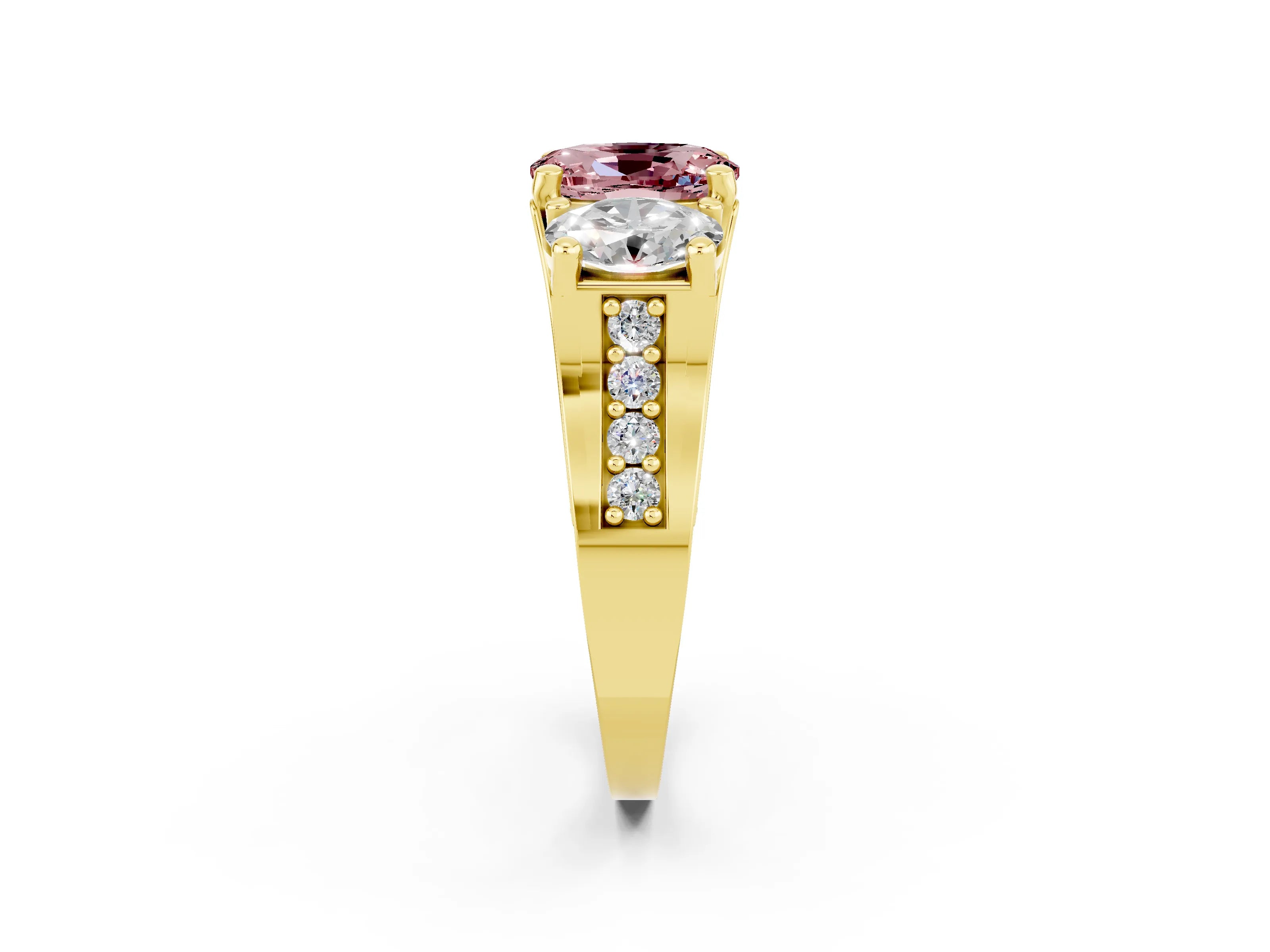 Yellow gold Oval Cut Morganite Three-Stone Ring with Channel Set Band and Four-Prong Setting_2