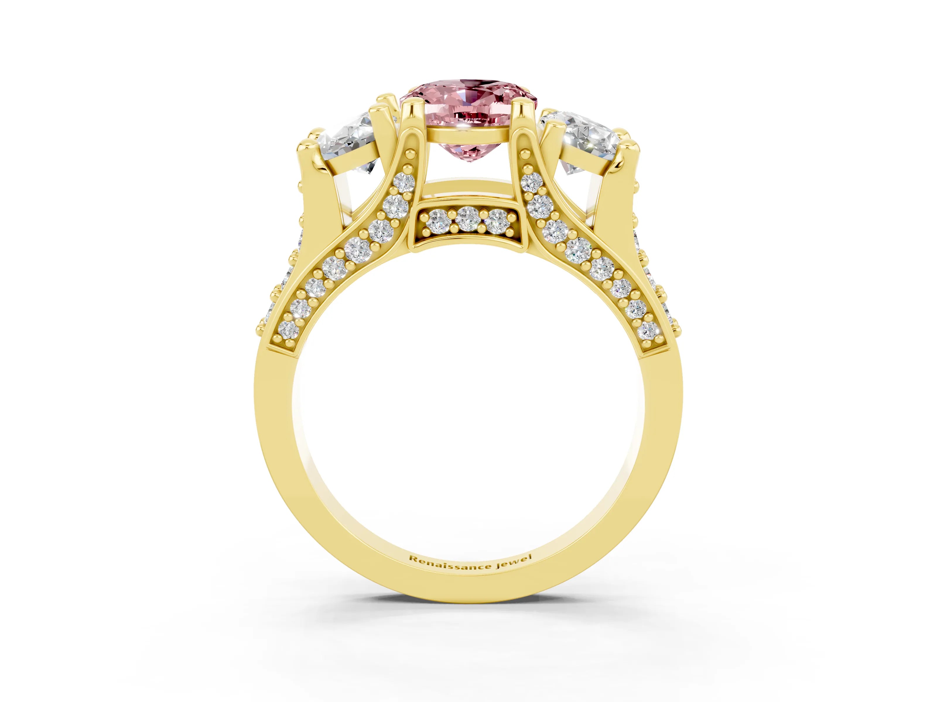 Yellow gold Oval Cut Morganite Three-Stone Ring with Channel Set Band and Four-Prong Setting_3