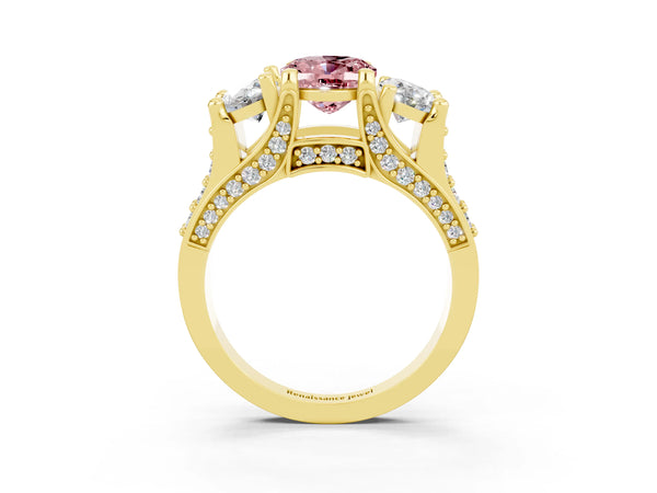 Yellow gold Oval Cut Morganite Three-Stone Ring with Channel Set Band and Four-Prong Setting