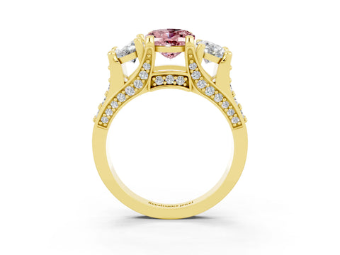 Yellow gold Oval Cut Morganite Three-Stone Ring with Channel Set Band and Four-Prong Setting_3