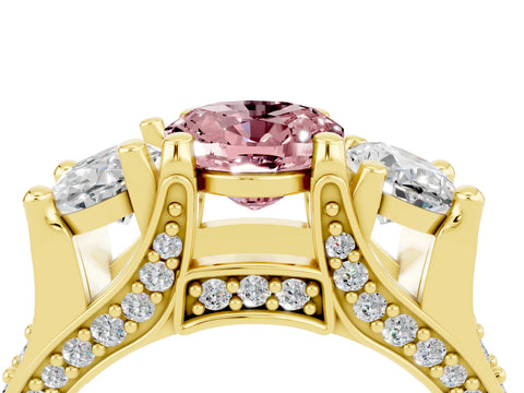 Yellow gold Oval Cut Morganite Three-Stone Ring with Channel Set Band and Four-Prong Setting_4