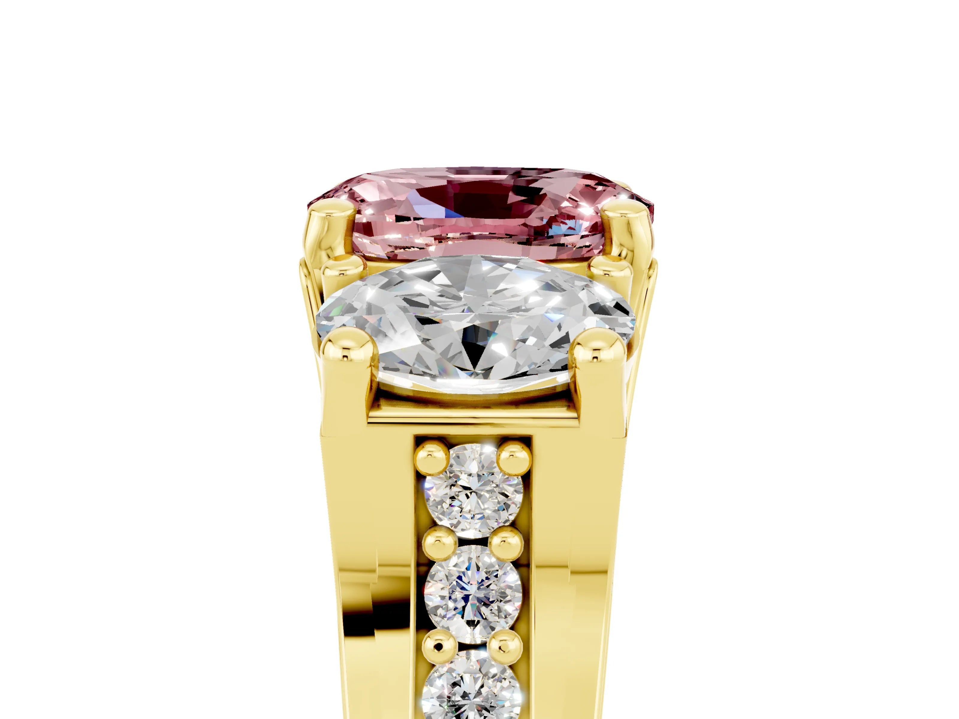 Yellow gold Oval Cut Morganite Three-Stone Ring with Channel Set Band and Four-Prong Setting_5