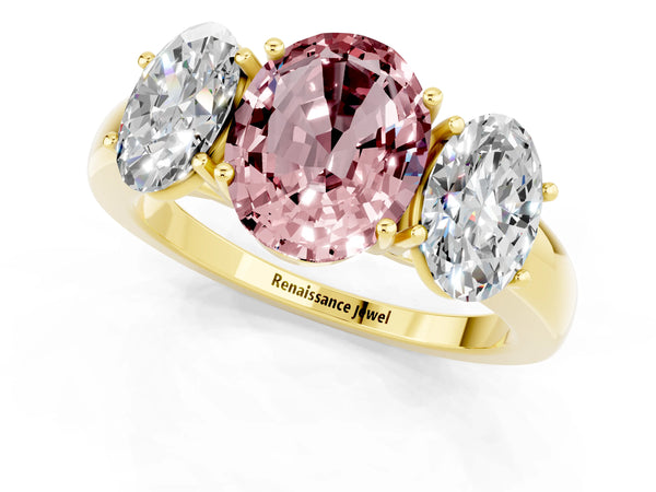 Yellow gold Oval Cut Morganite Three-Stone Ring with Four-Prong Setting and Classic Band