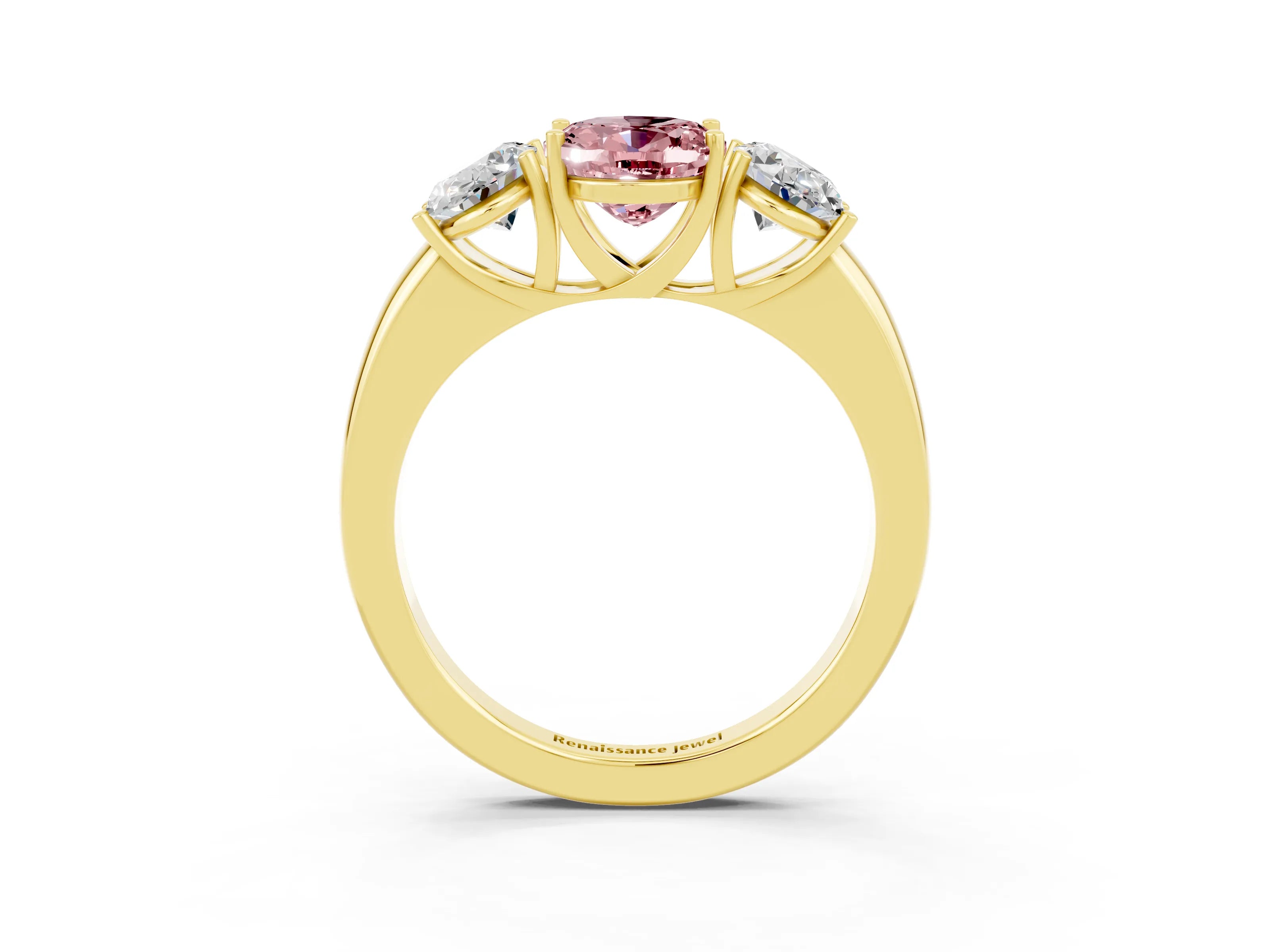 Yellow gold Oval Cut Morganite Three-Stone Ring with Four-Prong Setting and Classic Band_3