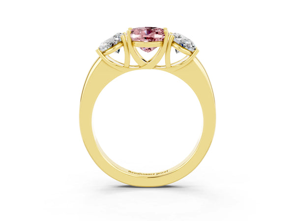 Yellow gold Oval Cut Morganite Three-Stone Ring with Four-Prong Setting and Classic Band