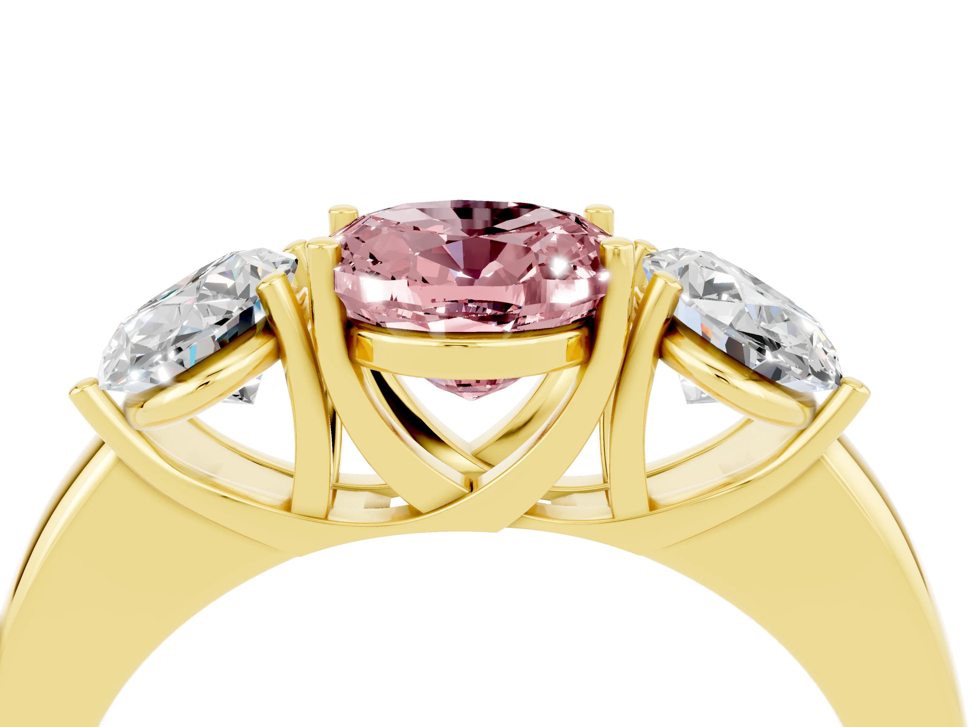 Yellow gold Oval Cut Morganite Three-Stone Ring with Four-Prong Setting and Classic Band_4