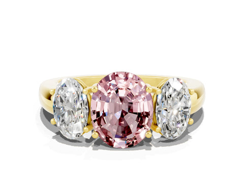 Yellow gold Oval Cut Morganite Three-Stone Ring with Four-Prong Setting and Classic Band