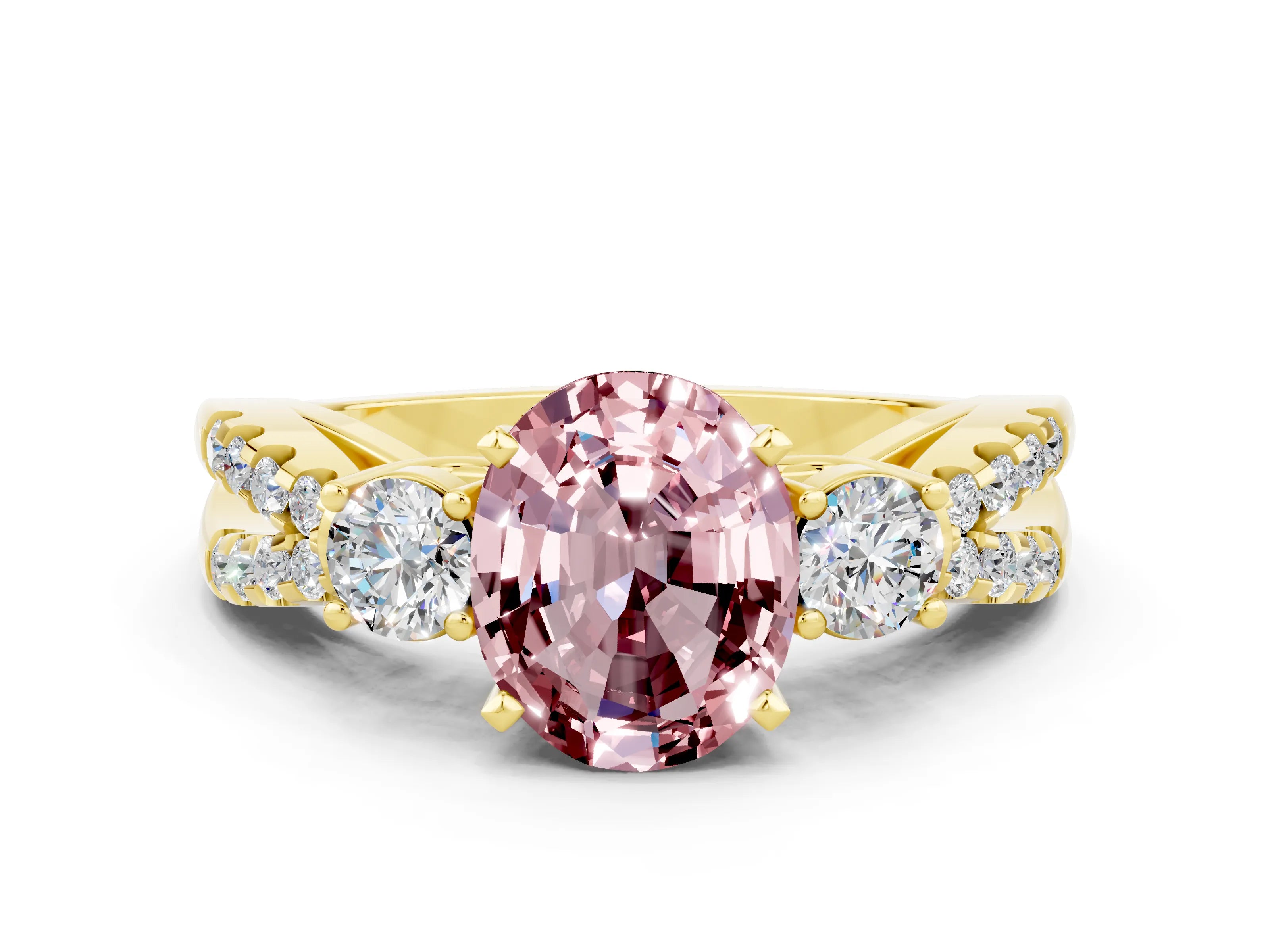 Yellow gold Oval Cut Morganite Three-Stone Ring with Pavé Split Shank and Four-Prong Setting_12