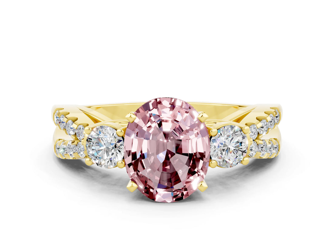 Yellow gold Oval Cut Morganite Three-Stone Ring with Pavé Split Shank and Four-Prong Setting_12