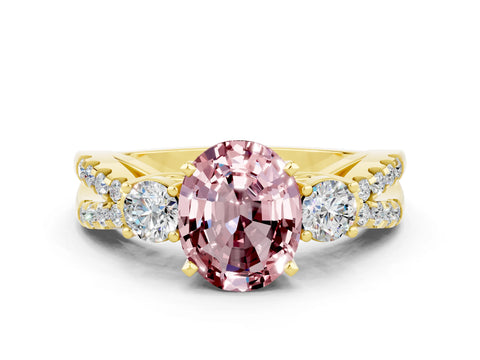 Yellow gold Oval Cut Morganite Three-Stone Ring with Pavé Split Shank and Four-Prong Setting_12