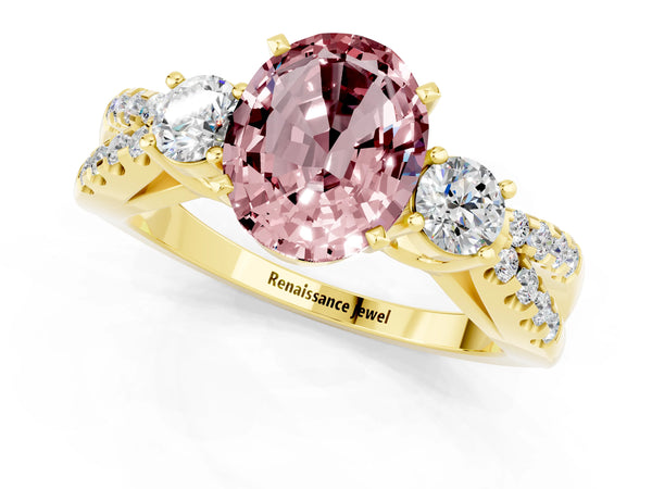Yellow gold Oval Cut Morganite Three-Stone Ring with Pavé Split Shank and Four-Prong Setting