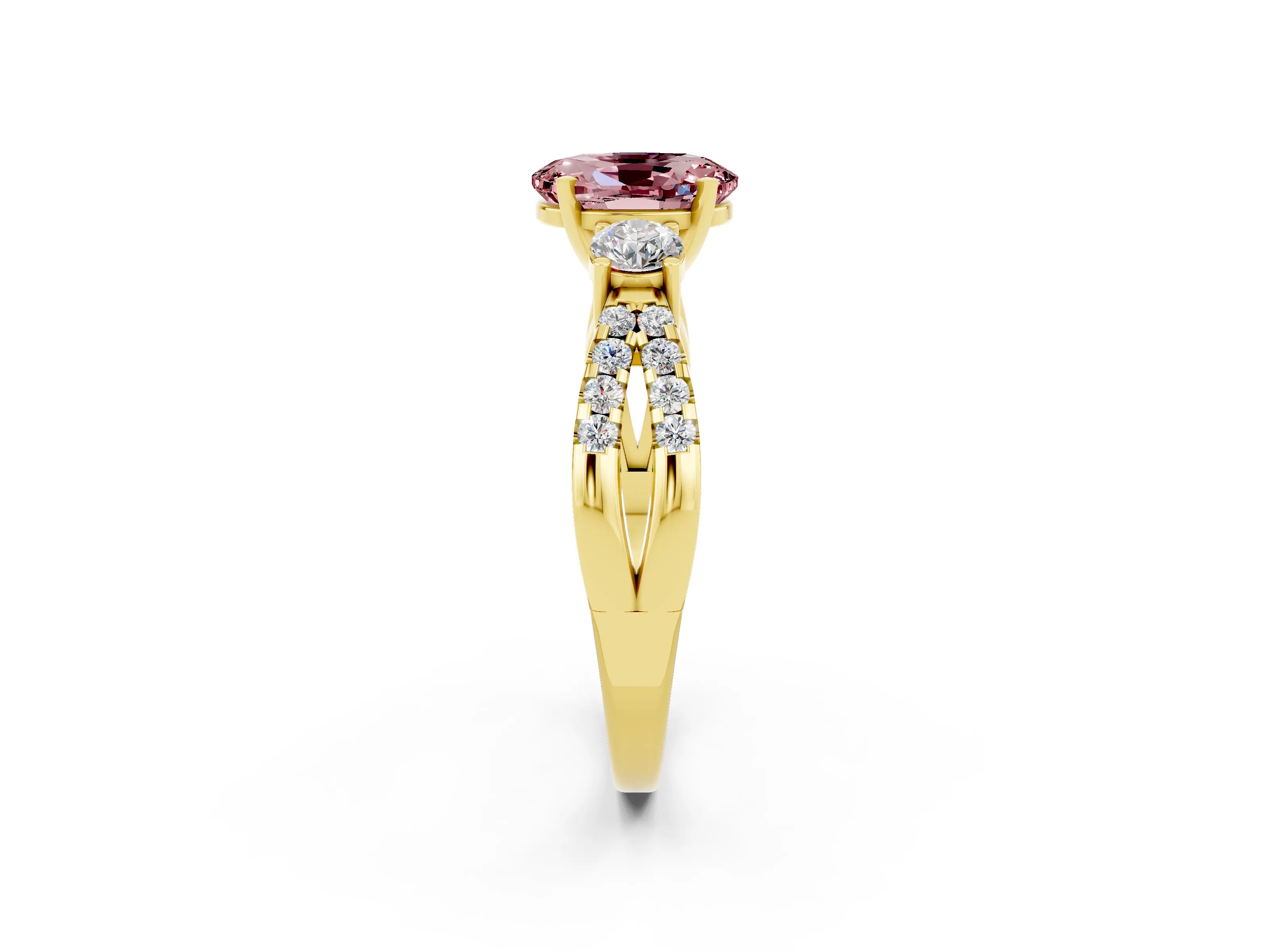 Yellow gold Oval Cut Morganite Three-Stone Ring with Pavé Split Shank and Four-Prong Setting_14