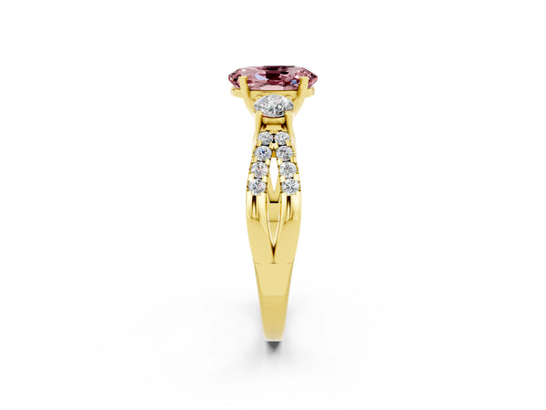 Yellow gold Oval Cut Morganite Three-Stone Ring with Pavé Split Shank and Four-Prong Setting