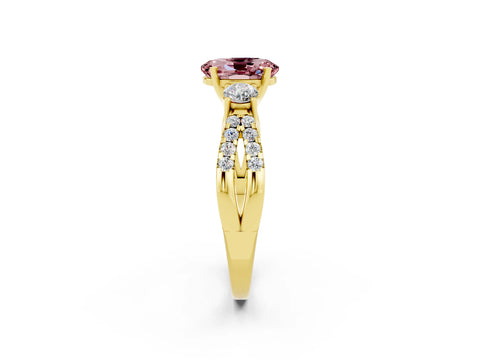 Yellow gold Oval Cut Morganite Three-Stone Ring with Pavé Split Shank and Four-Prong Setting_14