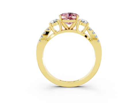 Yellow gold Oval Cut Morganite Three-Stone Ring with Pavé Split Shank and Four-Prong Setting_15
