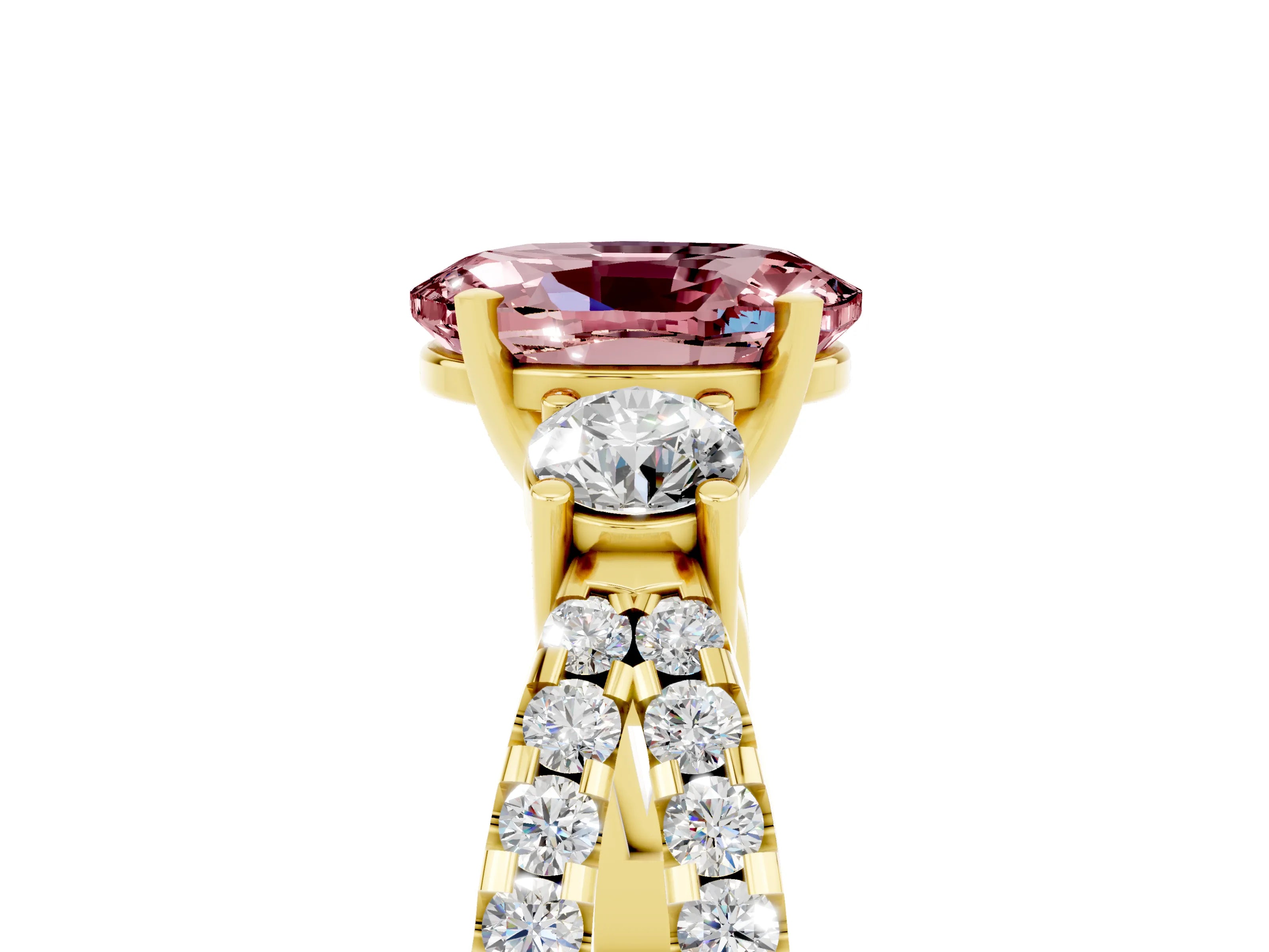 Yellow gold Oval Cut Morganite Three-Stone Ring with Pavé Split Shank and Four-Prong Setting_17