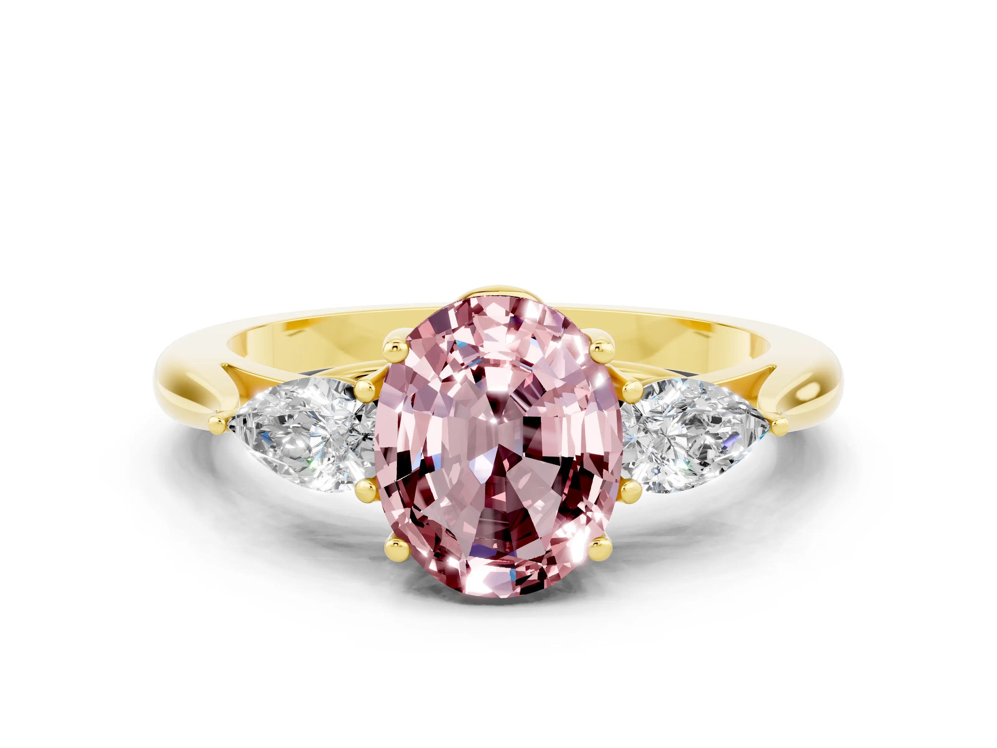 Yellow gold Oval Cut Morganite Three-Stone Ring with Pear Side Stones and Four-Prong Setting_12
