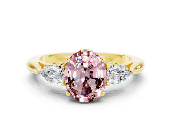Yellow gold Oval Cut Morganite Three-Stone Ring with Pear  Side Stones and Prong Setting