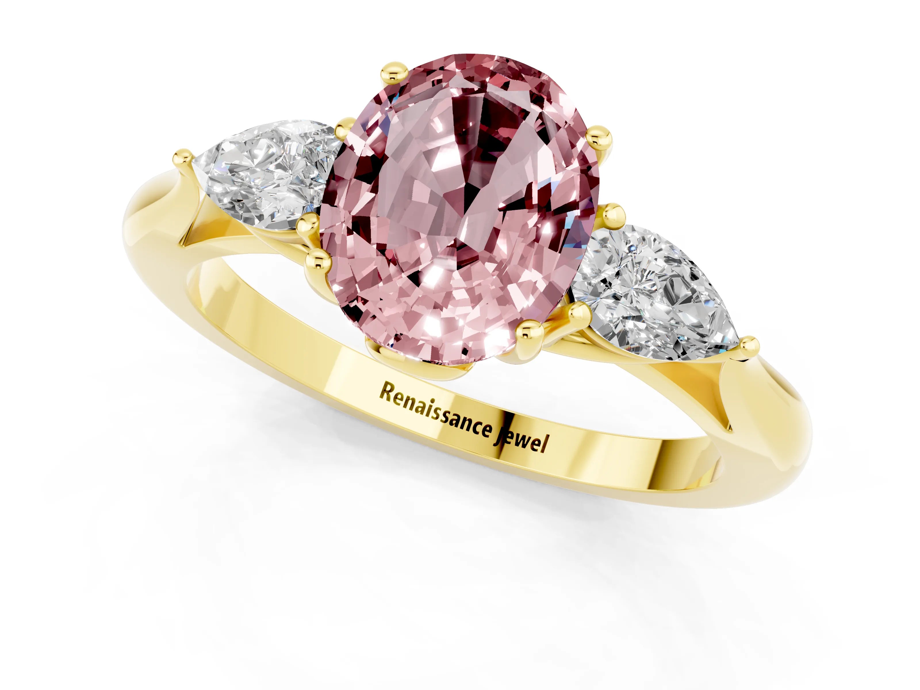 Yellow gold Oval Cut Morganite Three-Stone Ring with Pear Side Stones and Four-Prong Setting_13