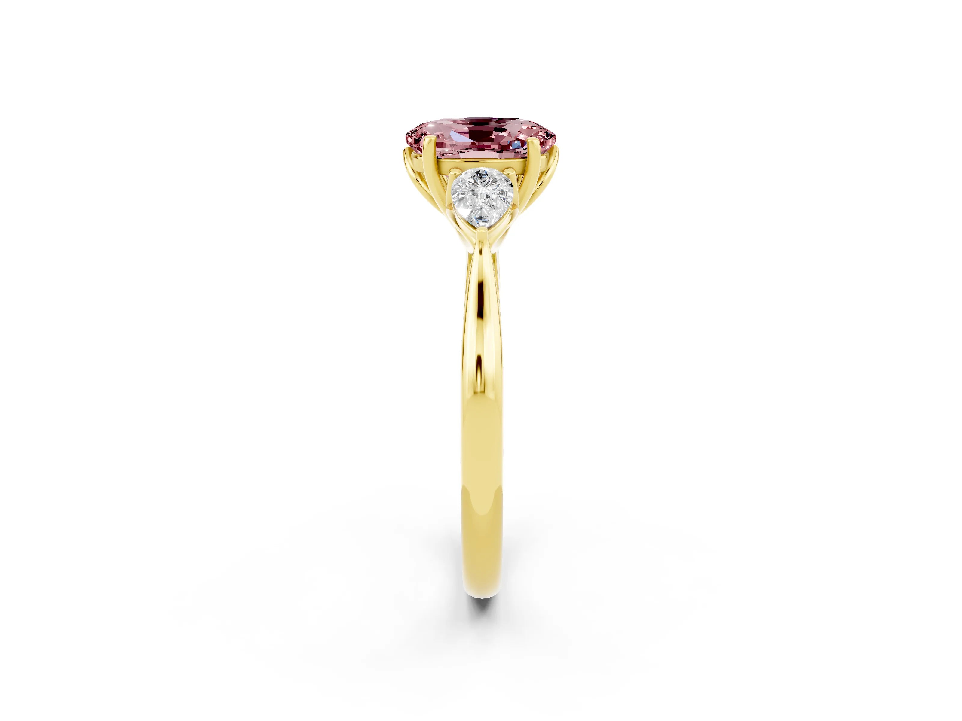 Yellow gold Oval Cut Morganite Three-Stone Ring with Pear Side Stones and Four-Prong Setting_14