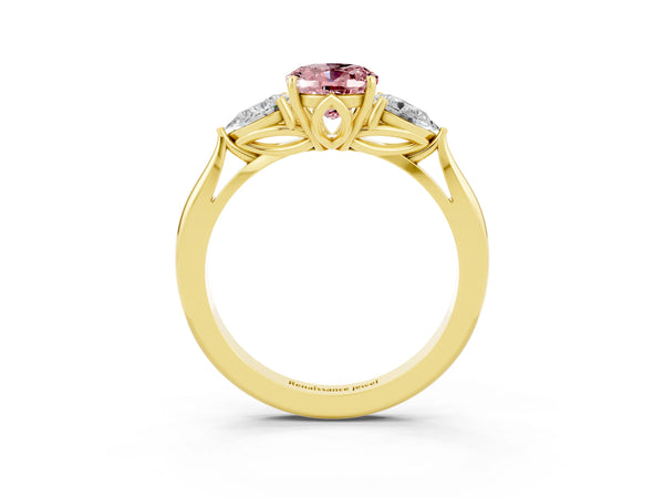 Yellow gold Oval Cut Morganite Three-Stone Ring with Pear  Side Stones and Prong Setting