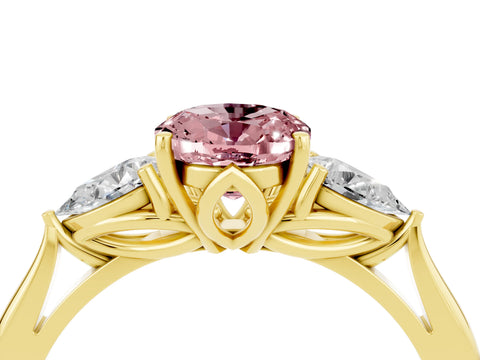 Yellow gold Oval Cut Morganite Three-Stone Ring with Pear Side Stones and Four-Prong Setting_16