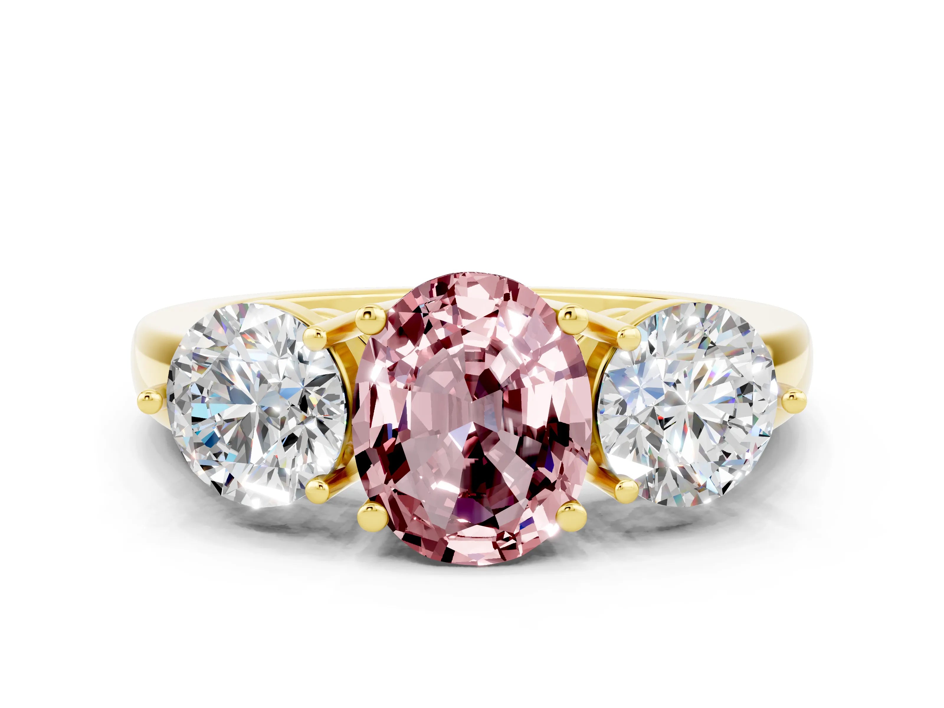 Yellow gold Oval Cut Morganite Three-Stone Ring with Prong Setting and Classic Band
