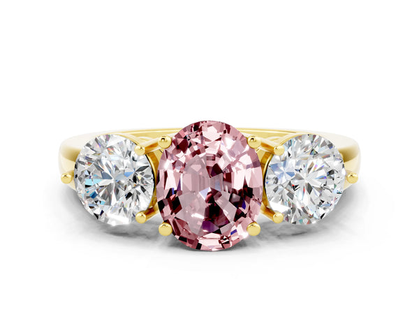 Yellow gold Oval Cut Morganite Three-Stone Ring with Prong Setting and Classic Band