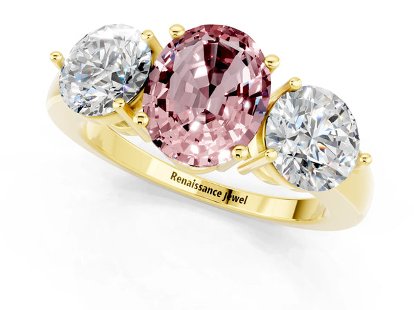 Yellow gold Oval Cut Morganite Three-Stone Ring with Prong Setting and Classic Band