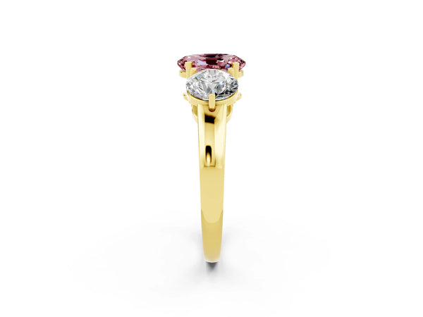 Yellow gold Oval Cut Morganite Three-Stone Ring with Prong Setting and Classic Band