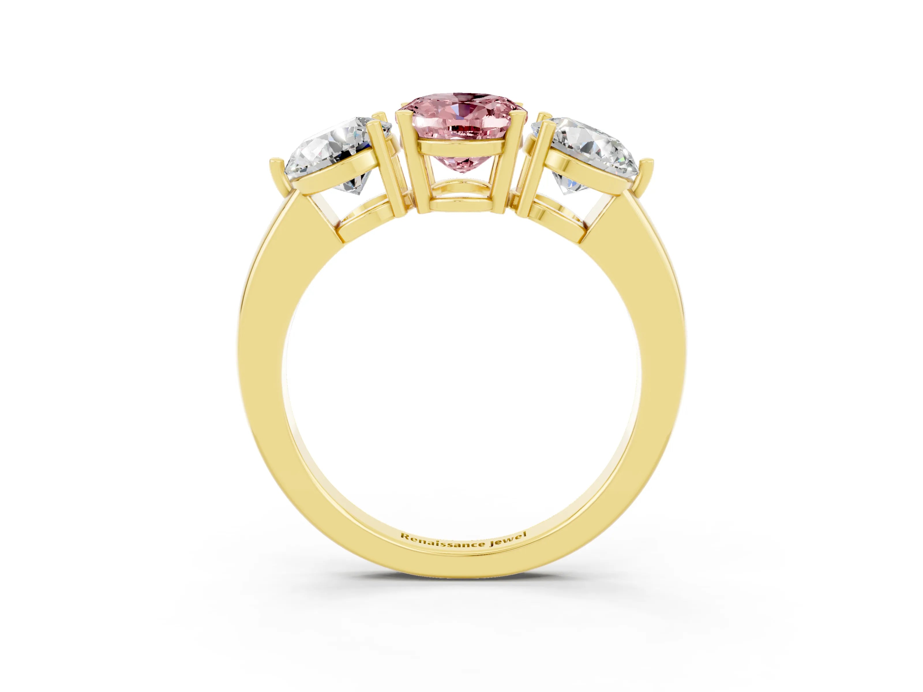 Yellow gold Oval Cut Morganite Three-Stone Ring with Prong Setting and Classic Band_3