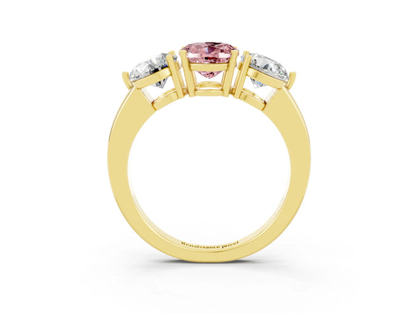 Yellow gold Oval Cut Morganite Three-Stone Ring with Prong Setting and Classic Band