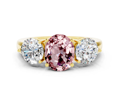 Yellow gold Oval Cut Morganite Three-Stone Ring with Prong Setting and Classic Band
