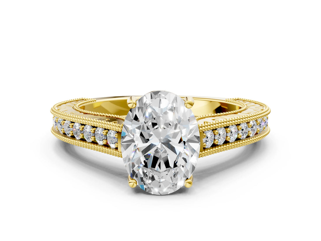 Yellow gold Oval Cut Pave Band Milgrain Solitaire Ring_6