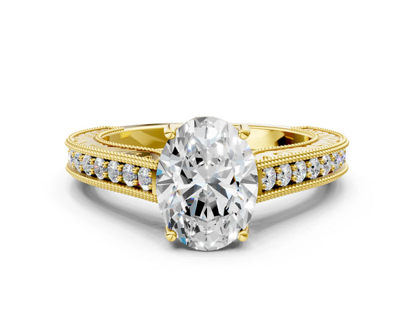 Yellow Gold Oval Vintage Solitaire Engagement Ring Setting with Engraved Milgrain Pave Band