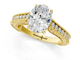 Yellow gold Oval Cut Pave Band Milgrain Solitaire Ring_7