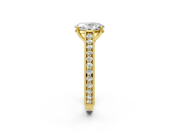 Yellow Gold Oval Vintage Solitaire Engagement Ring Setting with Engraved Milgrain Pave Band