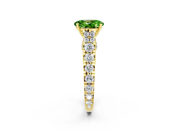 Yellow gold Oval Cut Peridot Classic Solitaire Ring with Pavé Band and Four-Prong Setting