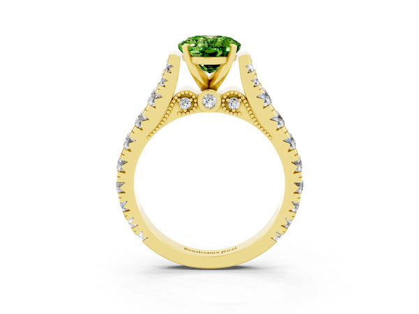 Yellow gold Oval Cut Peridot Classic Solitaire Ring with Pavé Band and Four-Prong Setting