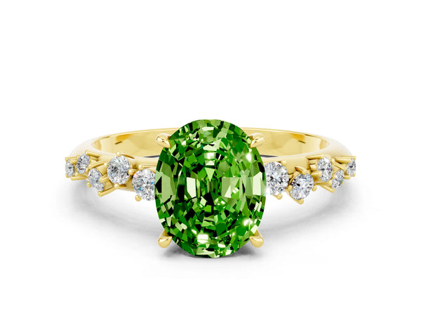 Yellow gold Oval Cut Peridot Cluster Side Stone Solitaire Ring with Prong Setting