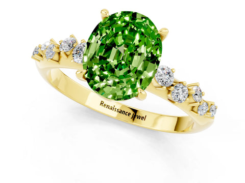 Yellow gold Oval Cut Peridot Cluster Side Stone Solitaire Ring with Prong Setting_25